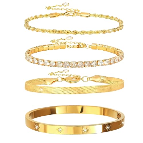 Guidre 4Pcs Goldene Boho Armreifen Set Damen–Stapelbare Vintage Armbänder,Indian Bracelet Set,Goldene Armreifen für Hochzeit/Party, Arm Jewelry for Women Wedding Party (Armbänder)