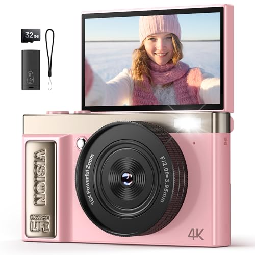 Digitalkamera 4K 64MP Kamera Fotokamera: Digital Kamera für Vlog - Vintage Fotokamera Mädchen - Selfie Digital Camera - Geschenke für Teenager Junge Mädchen 10-18 Jahre - 180° Klapp-Bildschirm Rosa