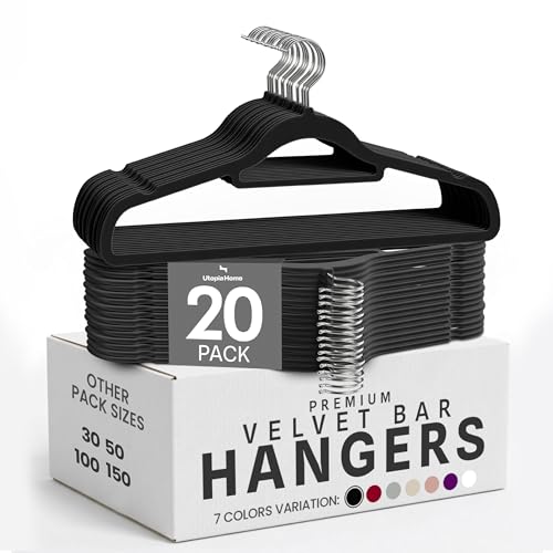 Utopia Home - Antirutsch-Kleiderbügel aus Samt - rutschfeste und strapazierfähige Kleiderbügel aus Samt mit Krawattenhalter - Stark genug, Jacken und Pullover zu halten (Schwarz, 20er-Pack)