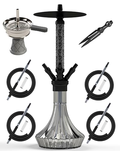 NOBLE HOOKAH Shisha Set 4 Anschlüsse Mit Lederbesatz Shisha Kopf XL Shisha 4 Schlauch aus Aluminiumrohr,Ausgestattet mit 4 Silikonschläuchen und Griff