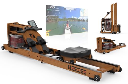 Neezee Wasser Rudergerät für Zuhause, Klappbar Rudergeräte aus Massivholz, Rudermaschine mit Bluetooth Anzeige und Tablet-Halterung, Max 200kg Belastbar, Kompatibel mit Kinomap APP，Braun