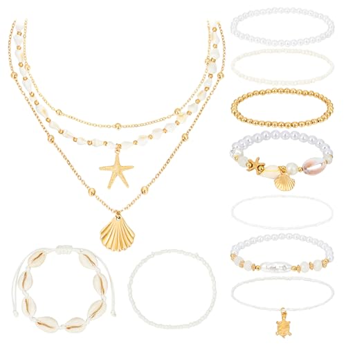 PHOGARY 12 Stück Muschelkette für Damen, Boho Schmuck Muschel Halskette Armband Set, Sommer Schmuck Böhmischer Stil Perlenarmband, Fußbänder mit echten Muscheln