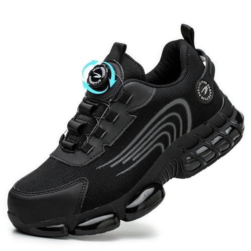 GemChve Arbeitsschuhe Sicherheitsschuhe Herren Damen Stahlkappen Anti-Smashing Leicht Sportlich Atmungsaktiv Selbsthemmend Schnellverschluss Mode Schutzschuhe Black 43 EU