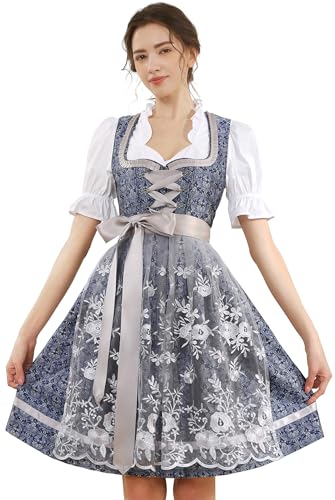 KOSMEEU Dirndl Damen Midi Trachtenkleid Oktoberfest Trachtenmode Trachten Trachtenrock Germandress inkl. Dirndl Dirndlschürze Dirndlbluse Blau 48