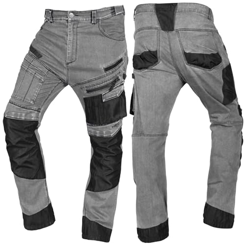 NEO TOOLS Robuste Jeans Arbeitshose - Strapazierfähige Bundhose für Herren aus Denim, 400 g/m² mit Kniepolstertaschen, Oxford-Verstärkungen & Stretch-Anteil