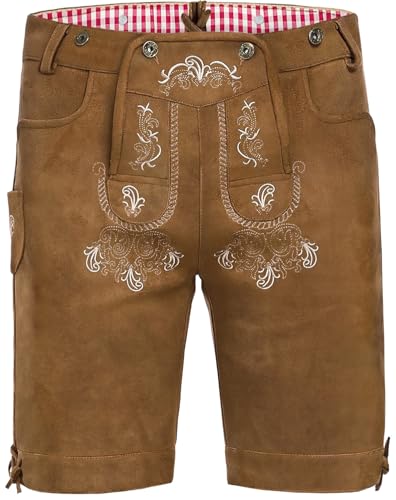 AMZHOTER Lederhose Herren Tracht Oktoberfest Trachtenhose Trachtenlederhosen Kurz Lederhosen Mann Braun bayrische Trachten Hose Trachtenmode mit Hosenträger Hellbraun 54