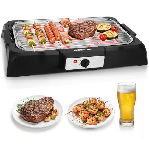 Aigostar Rauchfreier Tischgrill mit Auffangschale für Drinnen und Draußen | Elektrogrill mit 984 cm² Grillfläche(41x24 cm), 2 Höhenstufen, Einstellbares Thermostat, Einfache Reinigung, 2000W, Schwarz