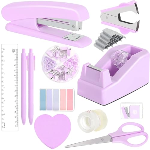 JOLYLINT Büroartikel Set, 14 Kit Lila Schreibtischzubehör, mit Hefter, Klebebandspender-Set, Heftklammerentferner, Heftklammern, Büroklammer, Schere und Register, Lineal, Haftnotizen Zubehör