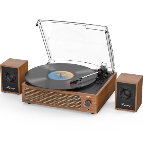 Trynnay Plattenspieler mit passiven Regallautsprechern, Bluetooth-Plattenspieler für Schallplatten, 3 Geschwindigkeiten, kabelloser AUX-Eingang, Kopfhöreranschluss und Auto-Stop-Funktion, Retro-Braun