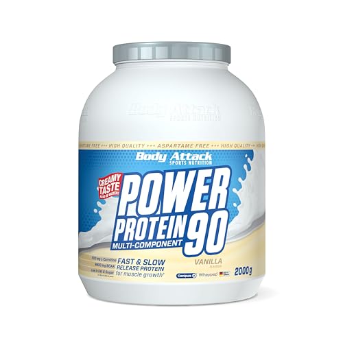 Body Attack POWER PROTEIN 90 - Vanille - 2kg Dose - Mehrkomponenten Protein Pulver, Made in Germany - Mit BCAA, Vitaminen & L-Carnitin - Protein Shake extra cremiger Geschmack, gute Löslichkeit