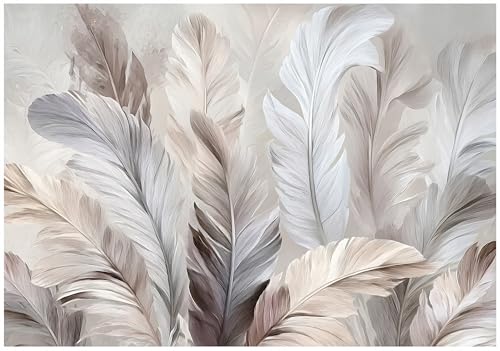 WallArena - Vlies Fototapete Federn 350x250 cm - Fototapeten - Tapeten - für Wohnzimmer Schlafzimmer - Vliestapete Wandtapete Tapete 3D Effekt- inkl. Kleister - Boho Beige Weiß