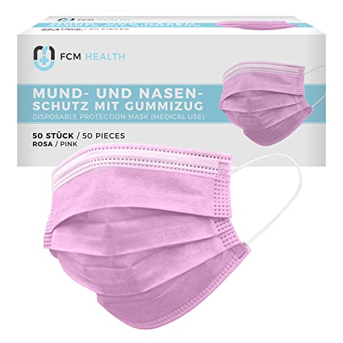 Mea Vita medizinischer Einweg Mund- und Nasenschutz Typ IIR, 50er Pack, 3-lagig, EN-14683, Einweg Maske, Gummizug (Rosa)