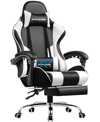 GTPLAYER Gaming Stuhl Bürostuhl Massage Gaming Sessel Ergonomischer Gamer Stuhl mit Fußstütze, Massage-Lendenkissen, Gepolstert Gaming Chair, Drehsessel, 150KG, weiß