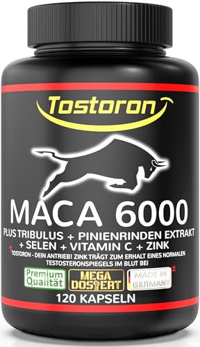 MACA Kapseln hochdosiert + extra stark - 120 Kapseln, Maca Pulver Extrakt, Tribulus terrestris, Pinienrinde, natürliches Vitamin C, Selen, Zink trägt zum Erhalt eines normalen TESTOSTERON SPIEGELS bei