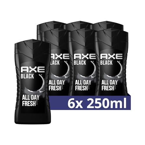 Axe 3-in-1 Duschgel & Shampoo Black für ganztägige Frische, unwiderstehlichen Duft und eine angenehme Dusche dermatologisch getestet 6x 250 ml ,Packaging may vary