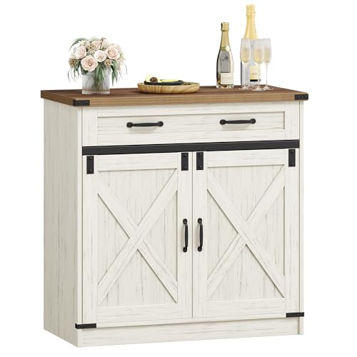 Hzuaneri Küchenschrank, Buffetschrank mit 1 Schublade, Sideboard mit 2 Türen, Verstellbare Einlegeböden, Landhausstil, Küche, Wohnzimmer, 40 x 80 x 80 cm, Vintageweiß-honigbraun, SC84814X