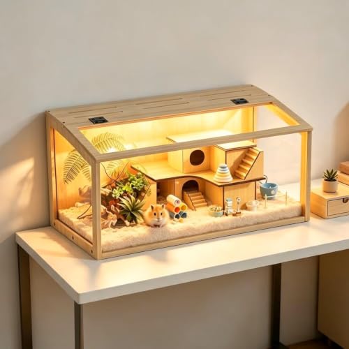 BingoPaw Hamsterkäfig Holz Kleintierkäfig Nagerkäfig Mäusekäfig mit klappbarem Deckel, 80 x 40 x 40 cm Natur