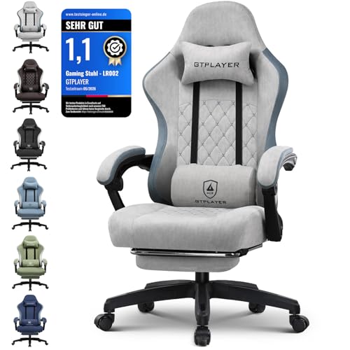 GTPLAYER Gaming Stuhl Ergonomischer Gaming Sessel Schreibtischstuhl mit Stoffoberfläche, Federsitzkissen, Verbindungsarmlehnen und Fußstütze 150KG, Grau