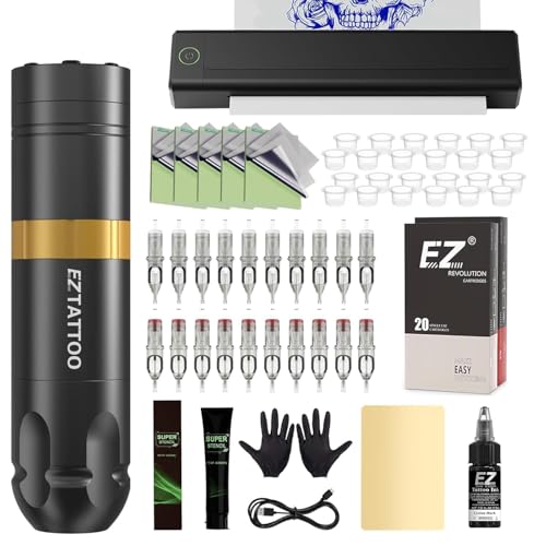 Stencil Drucker Set - Tattoo Drucker mit Kabelloser Tattoo Maschine, 20 Stück Tattoo Nadeln, 40 Stück Transferpapier und 5OZ Transfer Gel für Tattoo Anfänger und Künstler