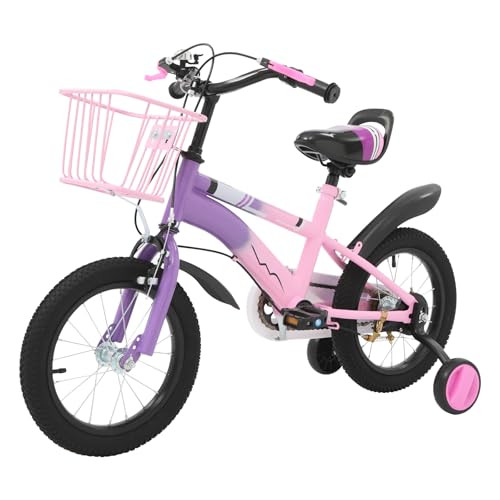 HUOMMGS Kinderfahrrad 14 Zoll Upgraded Kinderfahrrad mit Stützrädern und Korb Höhenverstellbar Kinder Fahrrad für ab 3-6 Jahre Mädchenfahrrad Jugend Fahrrad für Jungen & Mädchen (Lila)