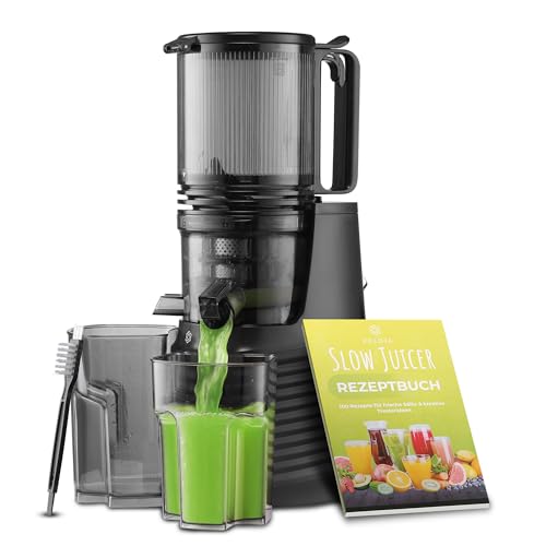 VELOJA Slow Juicer Pro - Kaltpresse Entsafter für ganze Früchte & Gemüse mit 130 mm XL-Einfüllschacht – Ultraleiser Motor – Leicht zu reinigen – Inkl. Rezeptbuch für Säfte & Tresterrezepte