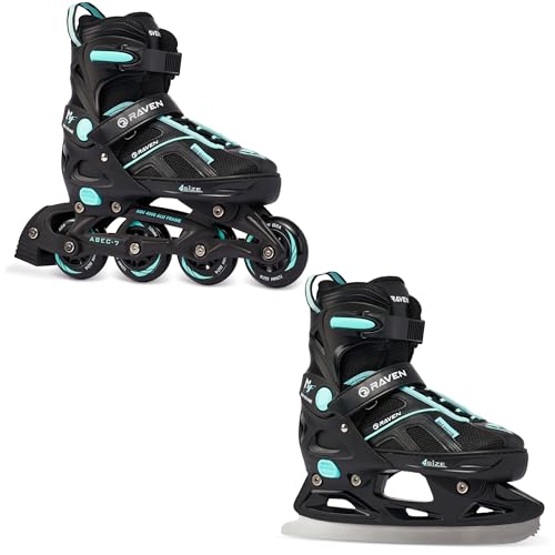 RAVEN Pulse 2in1 Schlittschuhe Inline Skates Inliner für Kinder und Erwachsene verstellbar (Black/Cyan, 37-40 (23,5-26cm))