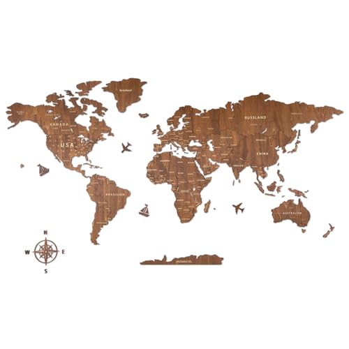 Creawoo Deutsche Holz Weltkarte Wand, handgefertigte Wanddekoration aus Walnussholz Weltkarte, Wandkunst Wanddekoration für Haus & Büro, 150 x 85 cm