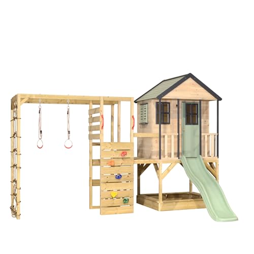 Wendi Toys M48-G Stelzenhaus mit Rutsche, Kletterturm aus FSC-Holz, Spielhaus Kinder Outdoor Garten mit Plattform 90/120 cm, Kletterwand, Kletternetz, Turnringe, Sandkasten, 340×360×242 cm