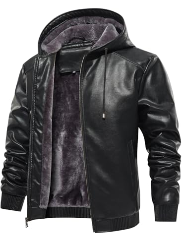 FANARCHER Herren Kunstleder Jacke Fleece Gepolsterte Bomber Motorradjacke mit Kapuze, Schwarz, Medium