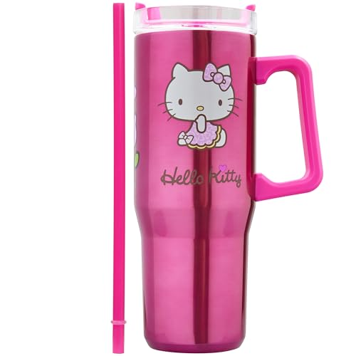 Get Trend Hello Kitty Sanrio Thermobecher mit Strohhalm, 940ml, Edelstahl Trinkflasche Isoliert, für Heiß- & Kaltgetränke, Thermo Kaffeebecher (Rosa Hello Kitty)