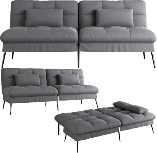 COMHOMA Schlafsofa mit Schlaffunktion – Futonbezug ausklappbar – Ecksofa – Gästesofa 3-Sitzer – mit Verstellbarer Rückenlehne aus grauem Stoff