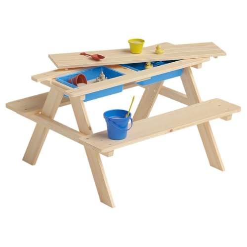 Bellabino Inny Kindersitzgruppe Outdoor für 4 Kinder – Kindertisch 2 Wannen – Matschtisch aus Kiefer, unbehandelt – Kinderbank für Garten – Gartenmöbel Bank – Gartentisch ab 2 Jahren - Picknicktisch