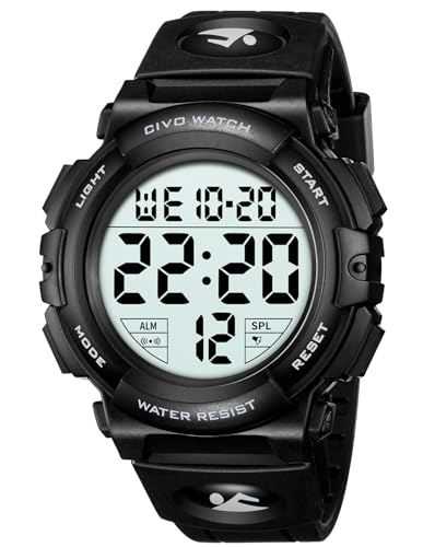 CIVO Digital Herren Uhr Wasserdicht: Schwarz Sport Armbanduhr für Männer mit Stoppuhr Wecker Datum - Outdoor Tactical Herrenuhr Silikonband