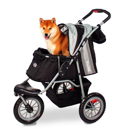 Hundewagen klappbar mit einer Hand Katzenwagen für Gelände & Strand – Innopet Hundebuggy Comfort EFA Eco Schwarz/Silber – pannensichere 30cm Räder, recycelter Nylonstoff Vorderrad fixierbar
