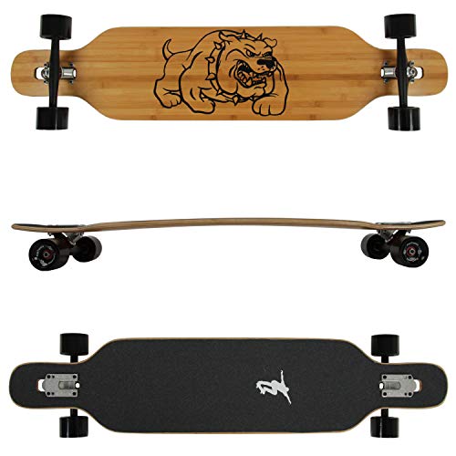 FunTomia Longboard aus Bambus und Ahornholz in 2 Flexstufen - Drop Through Komplettboard mit Mach1 High Speed Kugellager + T-Tool (Flex-3 von 25 bis 68kg - Farbe Bull Dog)