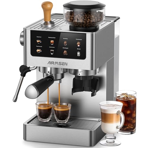AIRMSEN 20 Bar Siebträgermaschine mit Kegelmahlwerk & Milchschäumer, 1.8L Wassertank, Edelstahl Espressomaschine Kaffeemaschine für Americano, Cappuccino und Latte