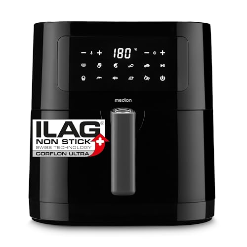 MEDION E40 XL Heißluftfritteuse (5,2 Liter, Airfryer, 2.150 Watt, 9 Automatikprogramme, Backfunktion, ölfreies Frittieren, Touch Bedienfeld, LED Anzeige, MD 11740) schwarz