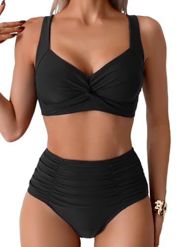 Sangdut Damen Badeanzüge Bikini Set, Bauchweg Lace Up Badeanzug Zweiteiliger Bauchweg Bademode für Damen(Schwarz,XL)