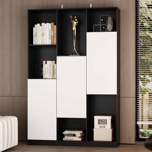 PREMTURE Kleiderschrank, Vitrinenschrank, Bücherschrank mit 3 Türen 6 Fächern, Hochschrank, Schrank für Wohnzimmer Küche Esszimmer Büro, Weiß+Schwarz, 120 x 30 x 160 cm, MDF