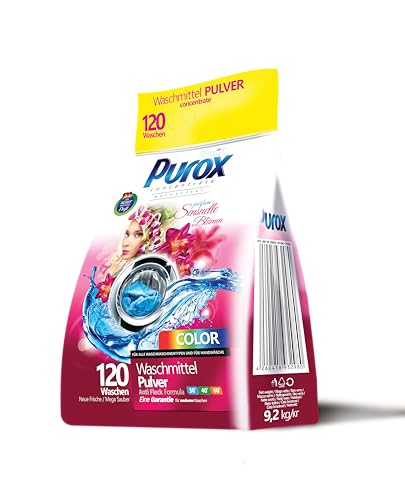 PUROX COLOR Waschpulver Sensuelle Blumen im Foliensack (120 Waschladungen) – Für farbige Textilien, mit Blumenduft, entfernt Flecken, umweltfreundlich, Schutz vor Kalk, 9,2 kg