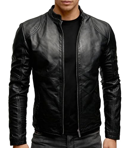 Crone Ivar Herren Lederjacke Cleane Basic Echtleder Jacke (DE/NL/SE/PL, Alphanumerisch, XXL, Regular, Regular, Heavy Washed Schwarz (Rindsleder))