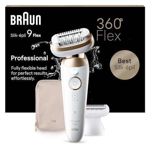 Braun Silk-épil 9 Flex Epilierer Damen mit flexiblem 360°-Kopf für eine einfache Haarentfernung, Wet&Dry, Langanhaltend glatte Haut, Ladyshaver, Rasieraufsatz und Trimmeraufsatz, 9-041 3D, Weiß/Gold