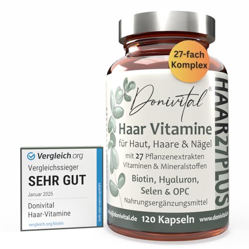 Haar Vitamine Testnote SEHR GUT – 27 Wirkstoffe – 120 vegane Kapseln (2 Monate Vorrat) – Biotin, Zink & Selen optimal kombiniert, hochdosiert – Frauen, Männer & Bart – für den Erhalt normaler Haare