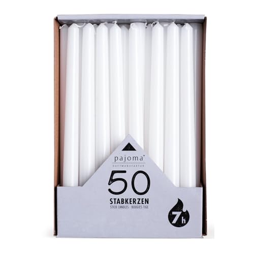 pajoma Stabkerzen Weiß 25 cm Höhe - 50 Stück - Weiße Kerzen Lang Brenndauer ca. 7 Stunden - Duftfreie und Gleichmäßig Brennende Kerzen - Vielseitig Einsetzbar für Deko & Feste - Dinner Candles