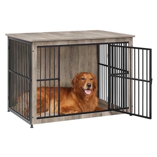 Feandrea Hundekäfig Möbel, Hundebox, moderne Hundehütte indoor, geschlossener Boden, Hundehaus 2 Türen, L, für Hunde bis 32 kg, Huskys, Border Collies, Shiba, American Bullys, greige meliert PFC024G01
