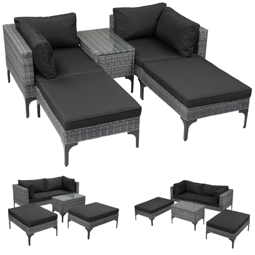 LEADZM Gartenmöbel Set,Polyrattan Lounge Set für 3-4 Personen,Balkonmöbel 2 Eck Sofas,2 Hocker,1 Couchtisch,Wetterfest & atmungsaktiv für Terrasse, Garten & Wohnzimmer,Schwarz