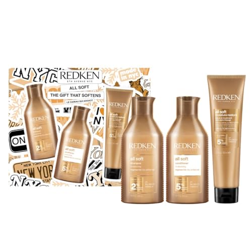 Redken All Soft Weihnachtsset, Geschenksert mit All Soft Shampoo, Conditioner & Leave-In für trockenes Haar, Zur intensiven Versorgung der Haare mit Feuchtigkeit, Verleiht Geschmeidigkeit und Glanz