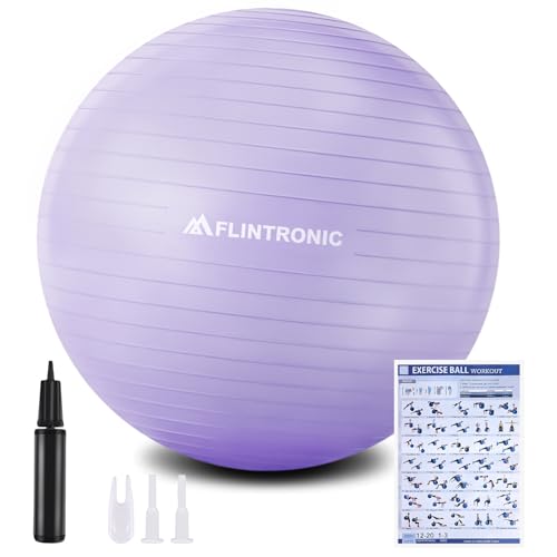 flintronic Gymnastikball, 55cm, Ultra-Dicker Anti-Explosions-Yoga-Ball mit aufblasbarer Fußpumpe, Anti-Rutsch-Sitzbal, Robuster Maximalbelastbarkeit Fitness-Ball für Yoga, Pilates, Lila