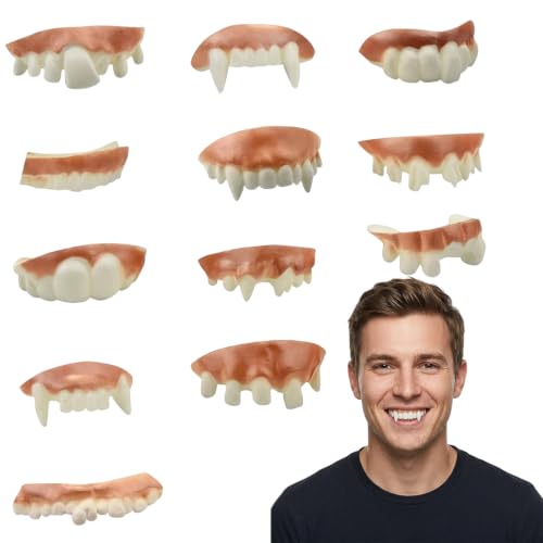 12 Stück lustige künstliche Zähne, Vampir-Gebiss, hässliche Fake-Prothesen als Kostümzubehör für Halloween, Fasching, Maskerade & Erwachsenenpartys, witzige Scherz- und Monster-Requisiten