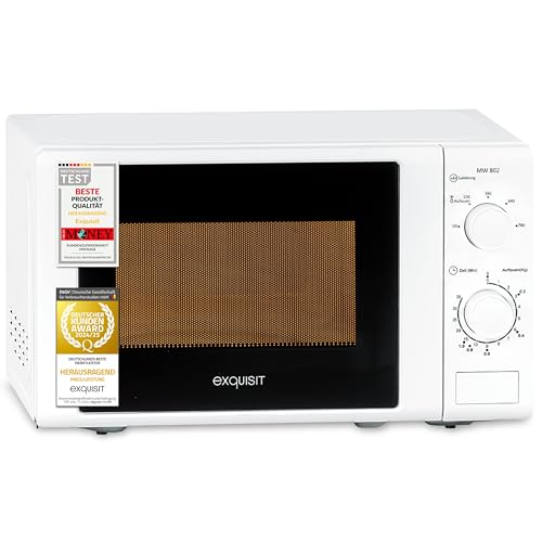 Exquisit Mikrowelle 20L, 700 Watt, Einfache Bedienung, 25,5cm Drehteller, 5 Leistungsstufen, Timer, Auftaufunktion, 2 Drehregler, MW 802 weiss